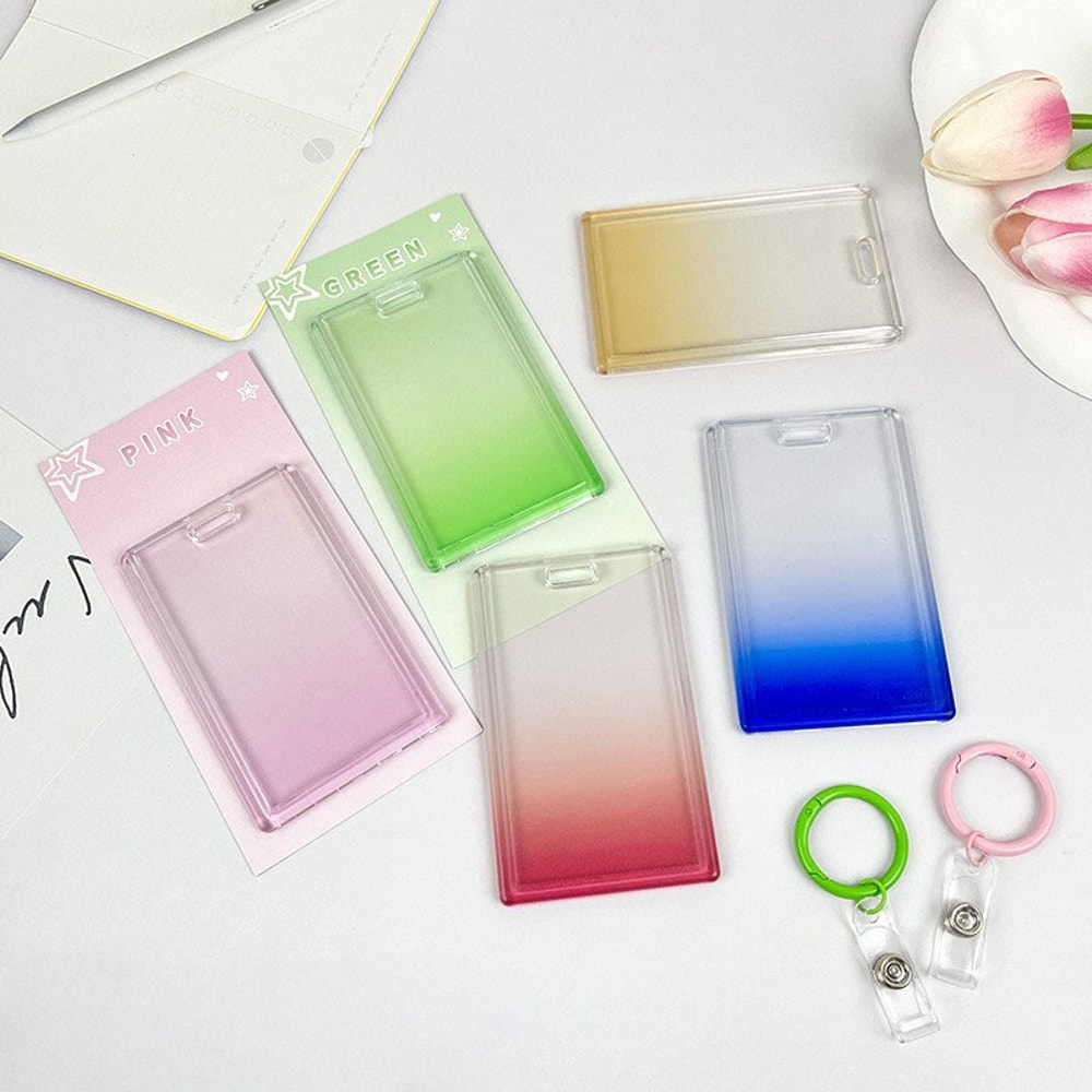Gradient Pink Transparent Sliding Cover Card Holder With Keychain For Work Student ID Bus Transport 2