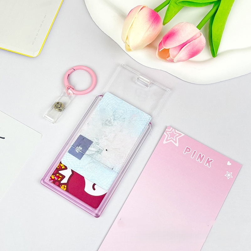 Gradient Pink Transparent Sliding Cover Card Holder With Keychain For Work Student ID Bus Transport 3