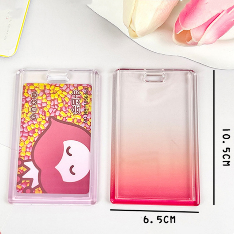 Gradient Pink Transparent Sliding Cover Card Holder With Keychain For Work Student ID Bus Transport 4