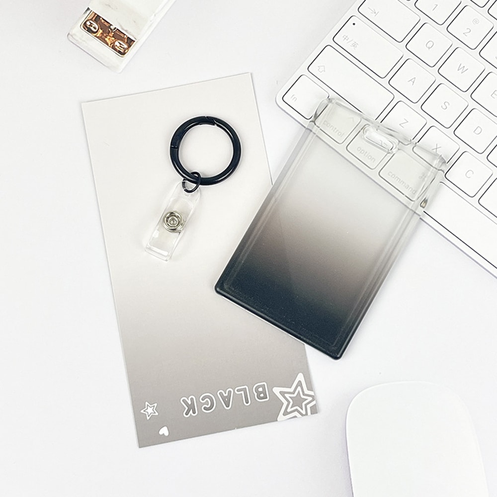 Gradient Pink Transparent Sliding Cover Card Holder With Keychain For Work Student ID Bus Transport 8