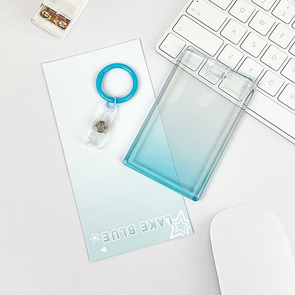 Gradient Pink Transparent Sliding Cover Card Holder With Keychain For Work Student ID Bus Transport 9