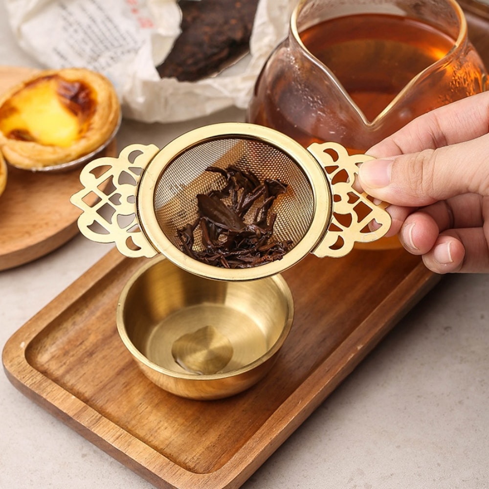 Gold Household Tea Strainer, Stainless Steel Tea Filter with Double Ear Tea Filter