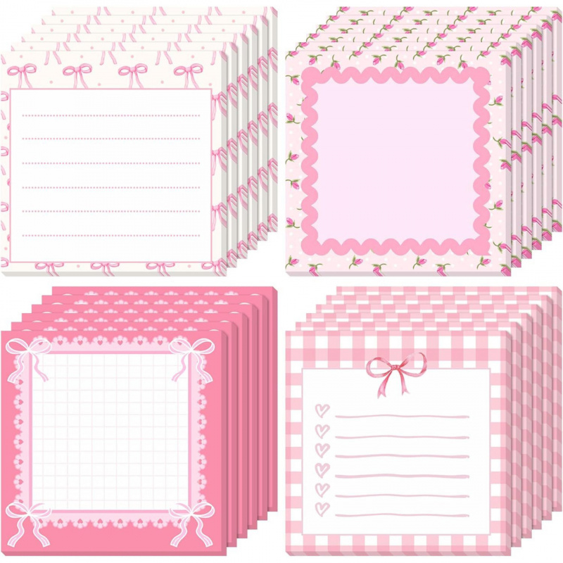 Self-Adhesive Pink Bow Sticky Notes, Tear-Off Memo Pad, School Office Reward Gift
