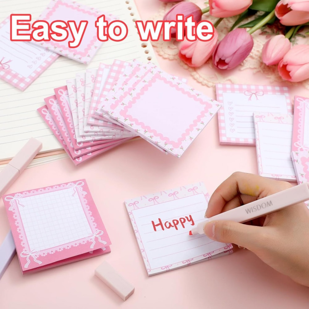 Self-Adhesive Pink Bow Sticky Notes, Tear-Off Memo Pad, School Office Reward Gift