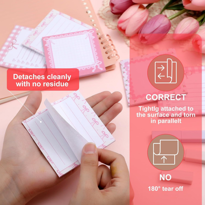 Self-Adhesive Pink Bow Sticky Notes, Tear-Off Memo Pad, School Office Reward Gift