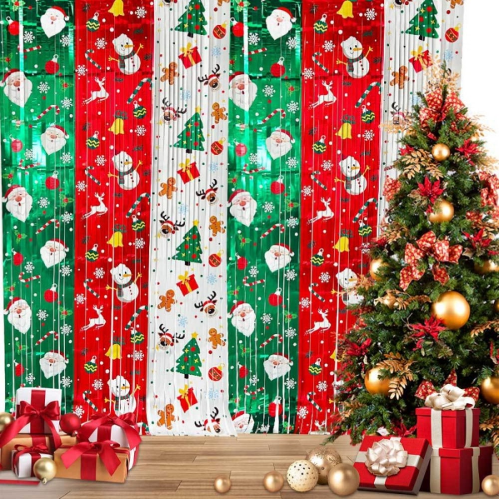 Red White Green Santa Claus Snowman Christmas Rain Silk Curtain Background, Party Decoration Hanging