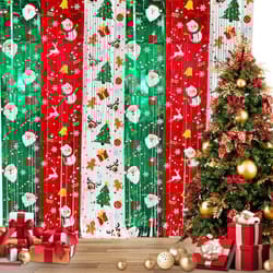 red white green santa claus snowman christmas rain silk curtain background, party decoration hanging