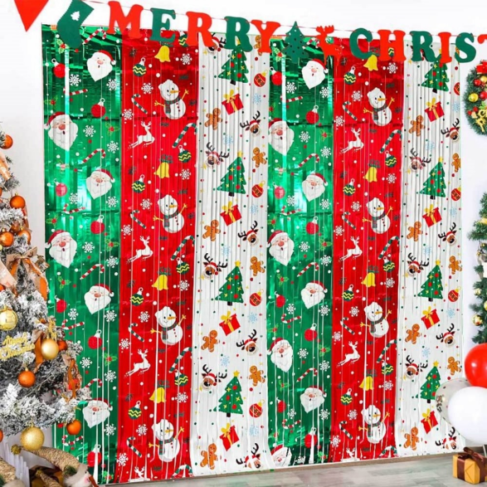 Red White Green Santa Claus Snowman Christmas Rain Silk Curtain Background, Party Decoration Hanging