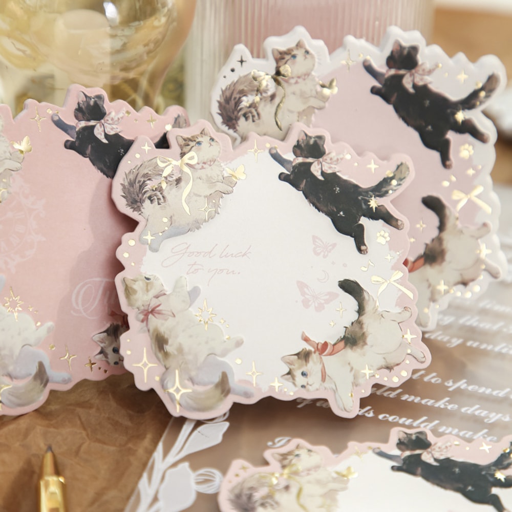 DIY Note Paper Memo Notes with Cat Pattern, Gold Foil Message Book
