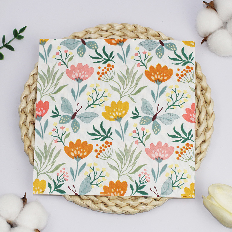 Holiday Themed Party Disposable Two-Ply Square Napkins, Butterfly Floral Pattern Printed Tissue for Family Gatherings