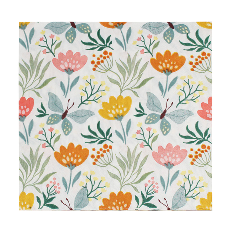 Holiday Themed Party Disposable Two-Ply Square Napkins, Butterfly Floral Pattern Printed Tissue for Family Gatherings