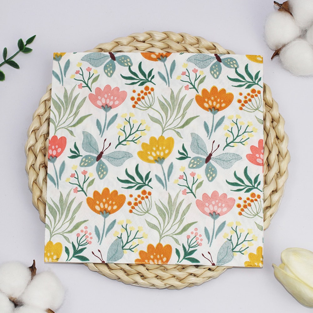 Holiday Themed Party Disposable Two-Ply Square Napkins, Butterfly Floral Pattern Printed Tissue for Family Gatherings