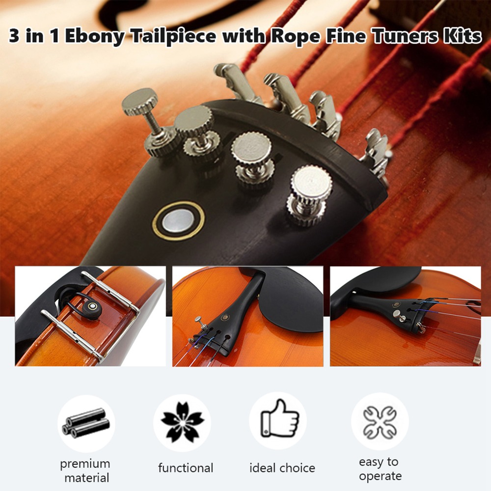 Violin Tailpiece Set with Nylon Tailgut, Ebony Wood Fine Tuners Kit, Tailpiece Rope Accessory