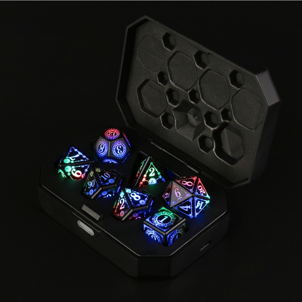 Set of Rechargeable LED Dice for Dungeons and Dragons, Electronic Luminous Dice, Motion Activated with Charging Box