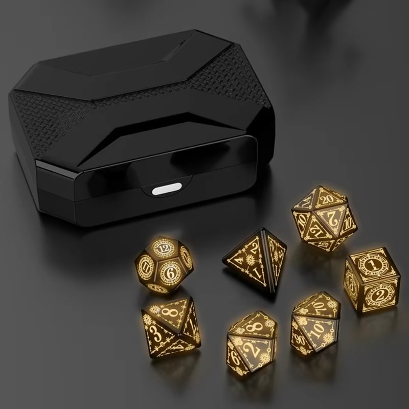 Set of Rechargeable LED Dice for Dungeons and Dragons, Electronic Luminous Dice, Motion Activated with Charging Box