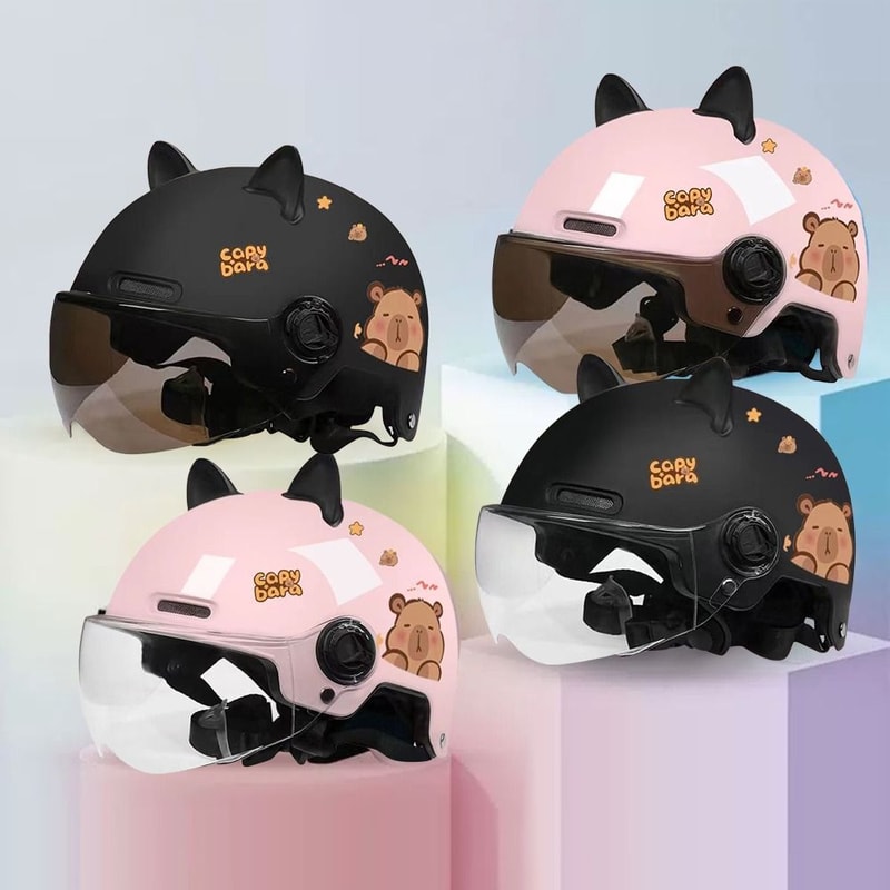 Breathable Sunscreen Motorcycle Half Helmet, Capybara Sticker Electric Bicycle Helmet with Cat Ears