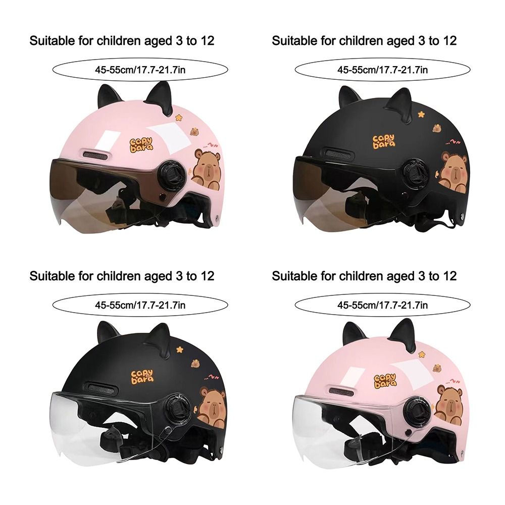 Breathable Sunscreen Motorcycle Half Helmet, Capybara Sticker Electric Bicycle Helmet with Cat Ears