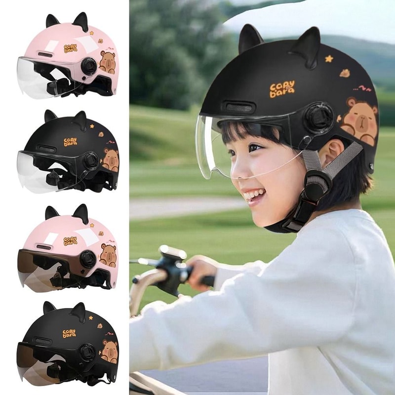 Breathable Sunscreen Motorcycle Half Helmet, Capybara Sticker Electric Bicycle Helmet with Cat Ears