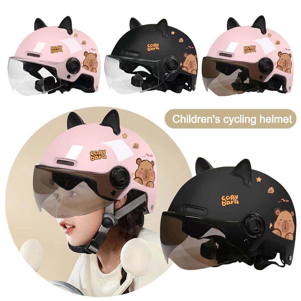 Breathable Sunscreen Motorcycle Half Helmet, Capybara Sticker Electric Bicycle Helmet with Cat Ears