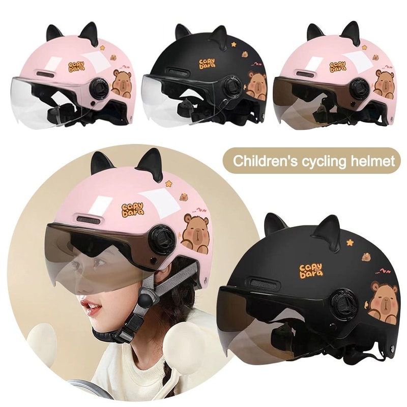 Breathable Sunscreen Motorcycle Half Helmet, Capybara Sticker Electric Bicycle Helmet with Cat Ears