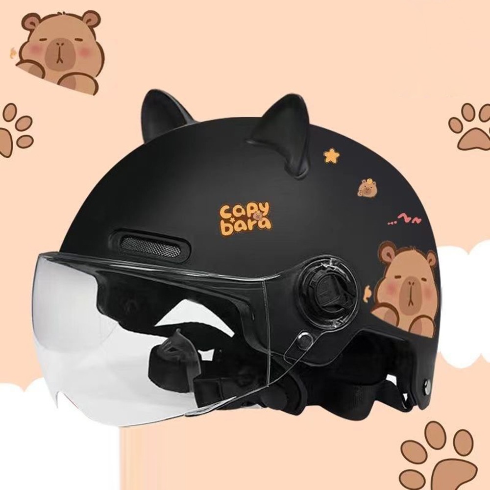 Breathable Sunscreen Motorcycle Half Helmet, Capybara Sticker Electric Bicycle Helmet with Cat Ears