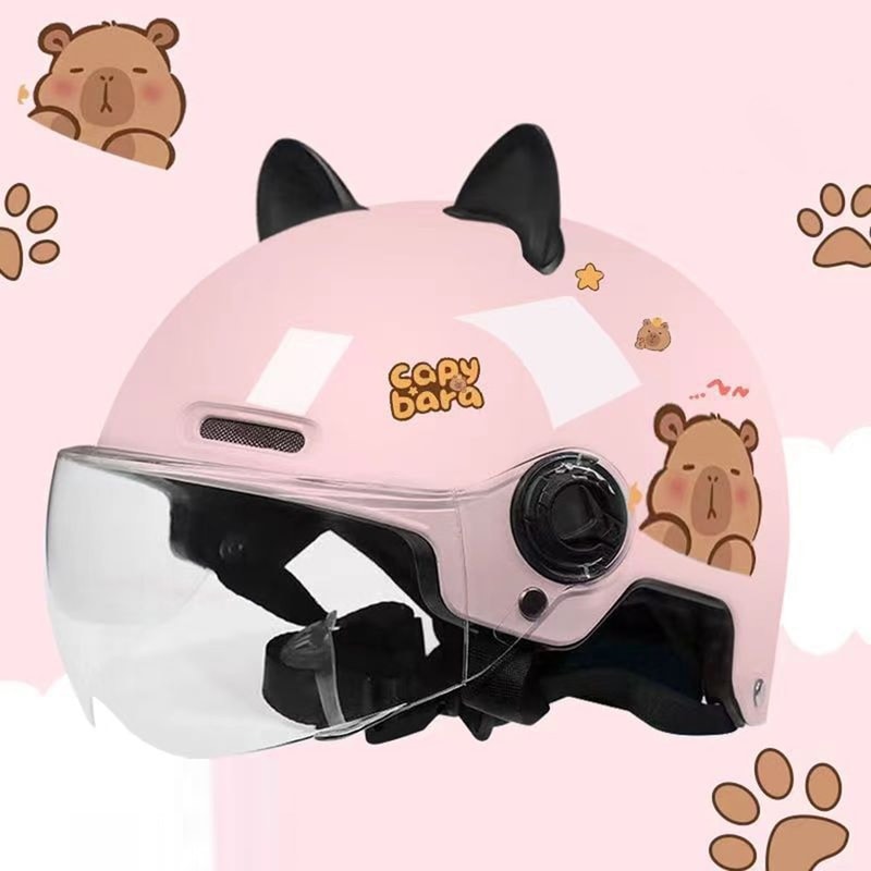 Breathable Sunscreen Motorcycle Half Helmet, Capybara Sticker Electric Bicycle Helmet with Cat Ears