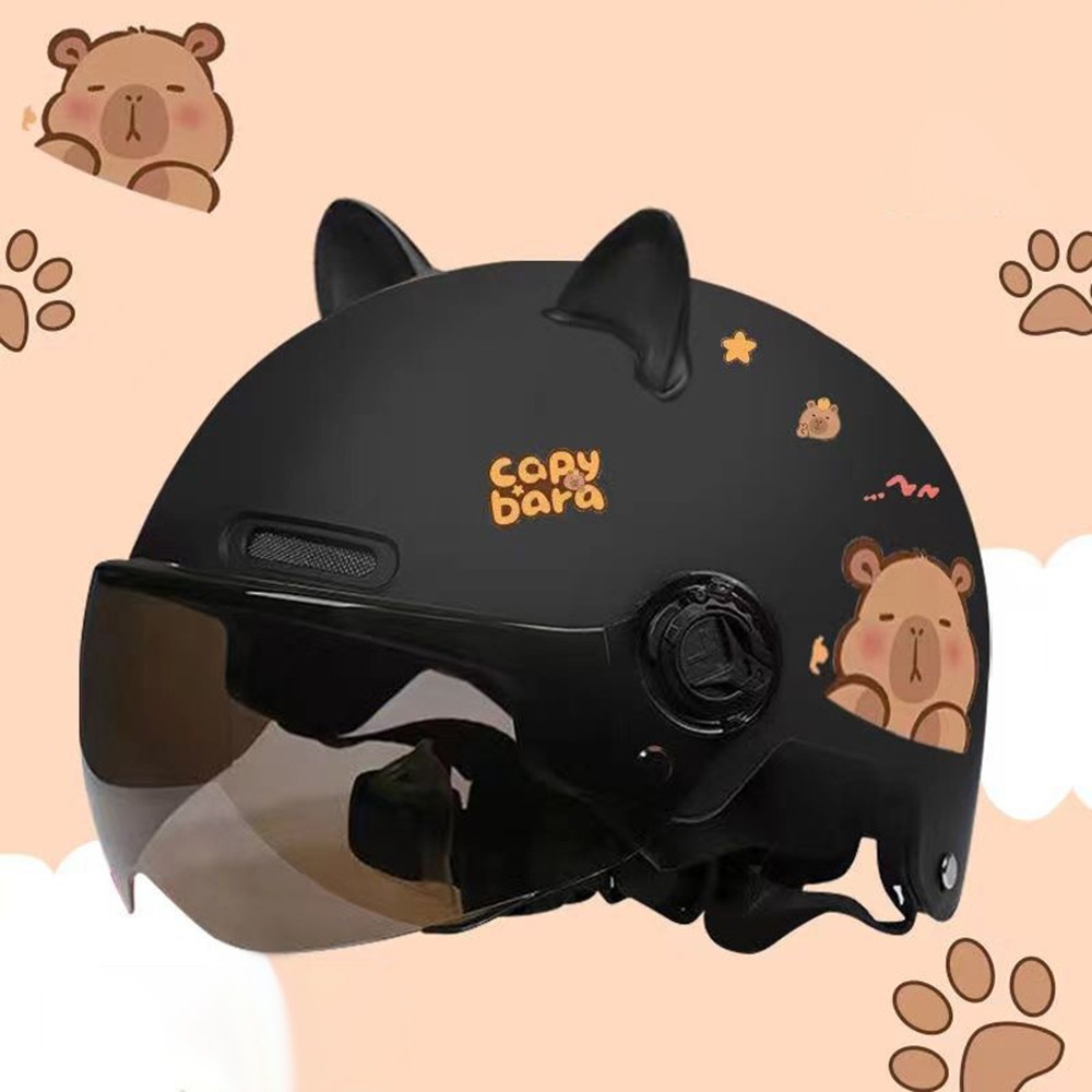 Breathable Sunscreen Motorcycle Half Helmet, Capybara Sticker Electric Bicycle Helmet with Cat Ears