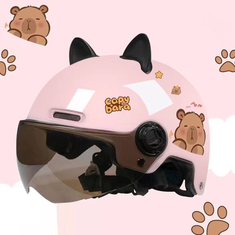 Breathable Sunscreen Motorcycle Half Helmet, Capybara Sticker Electric Bicycle Helmet with Cat Ears