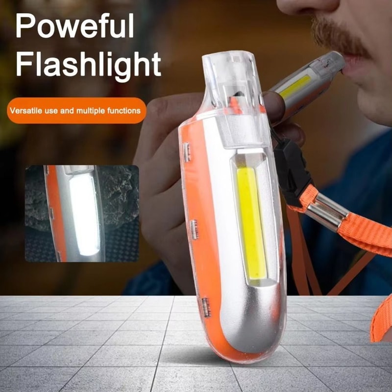 COB Flashlight with Lanyard, USB Rechargeable LED Whistle Light, Speeds Adjustment Emergency Torch
