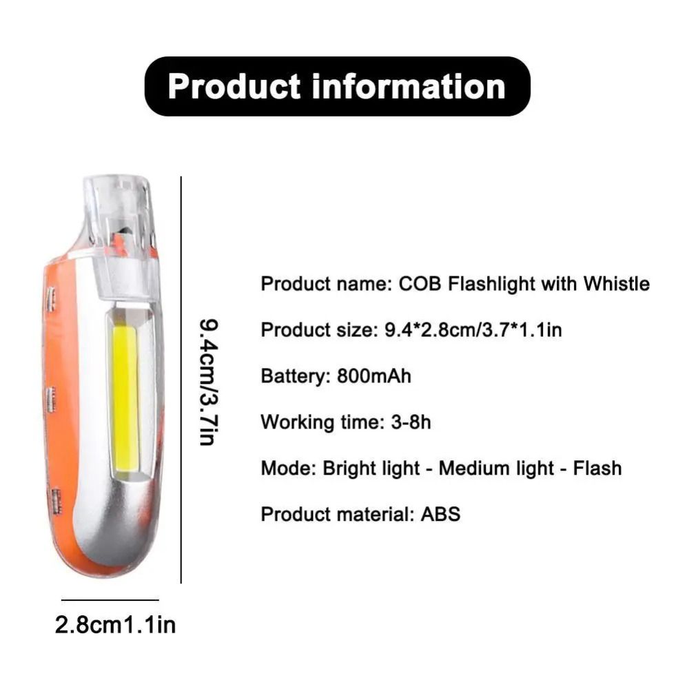 COB Flashlight with Lanyard, USB Rechargeable LED Whistle Light, Speeds Adjustment Emergency Torch