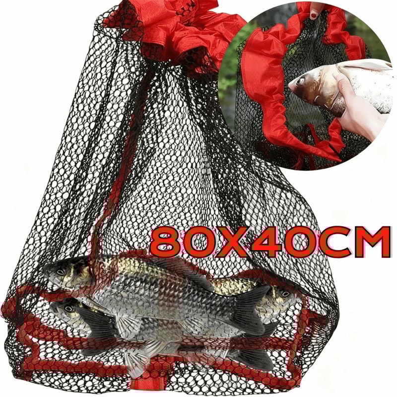 Small Grid Fishing Net Bag, Foldable Live Fish Nets, Nylon Mesh with Drawstring