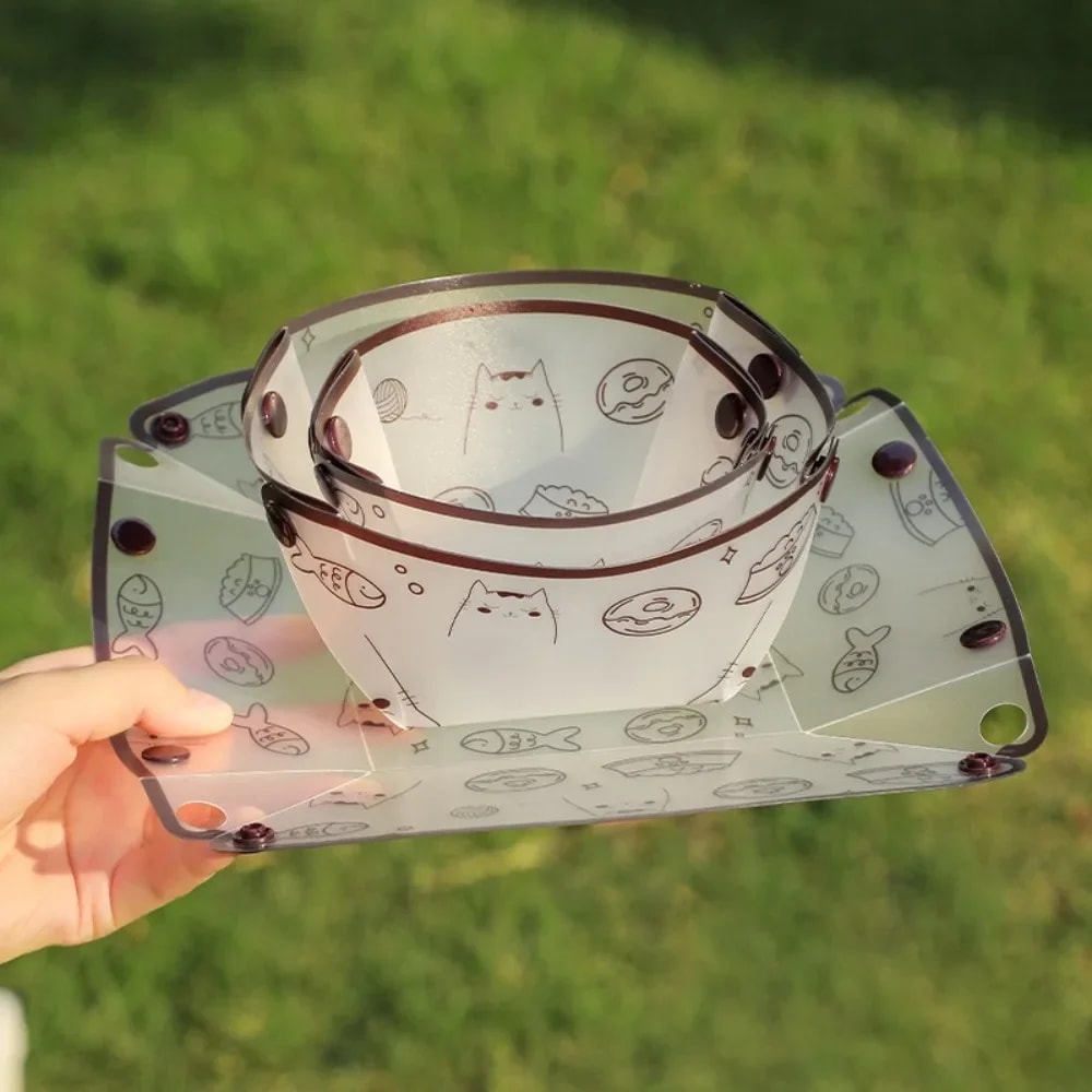 Cartoon Cat Foldable Camping Tableware, Lightweight PP Bowl Plate Cup Set, Easy to Clean Outdoor Accessories