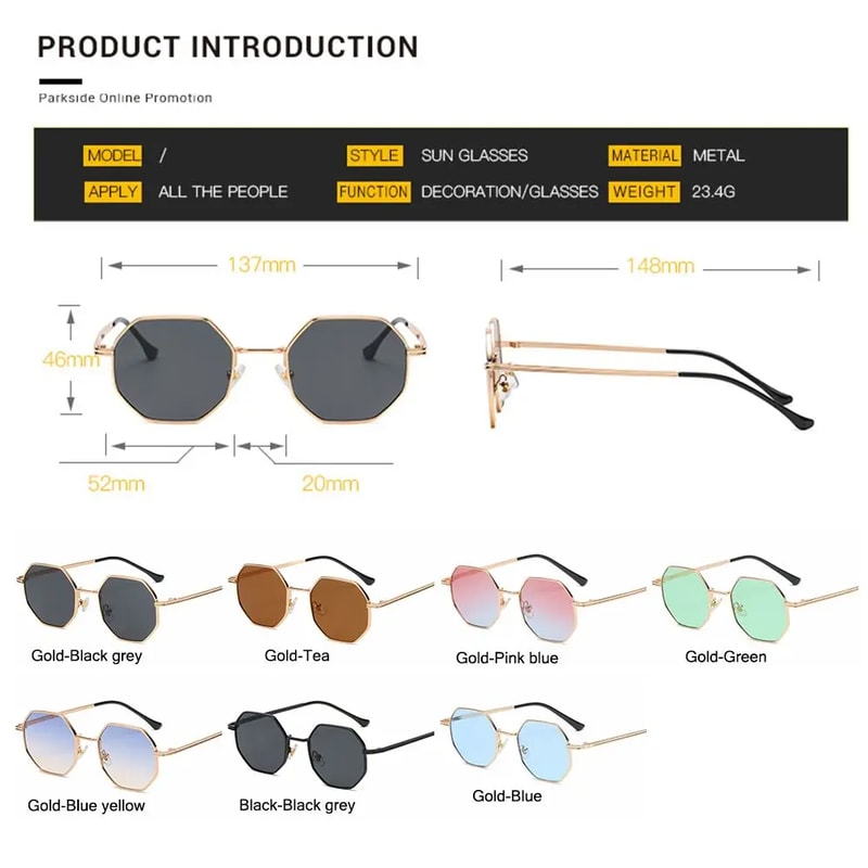 Square Sunglasses for Men/Women, UV Protection Fashion Shades, Polygon Metal Sunglasses