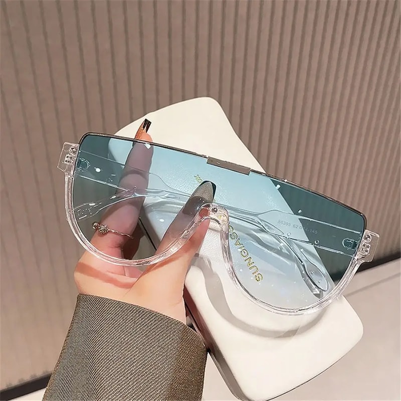 Oversized Designer Sunglasses, Women's Fashion Monoblock Semi-round Eyewear, Half Frame Sun Glasses for Women & Men