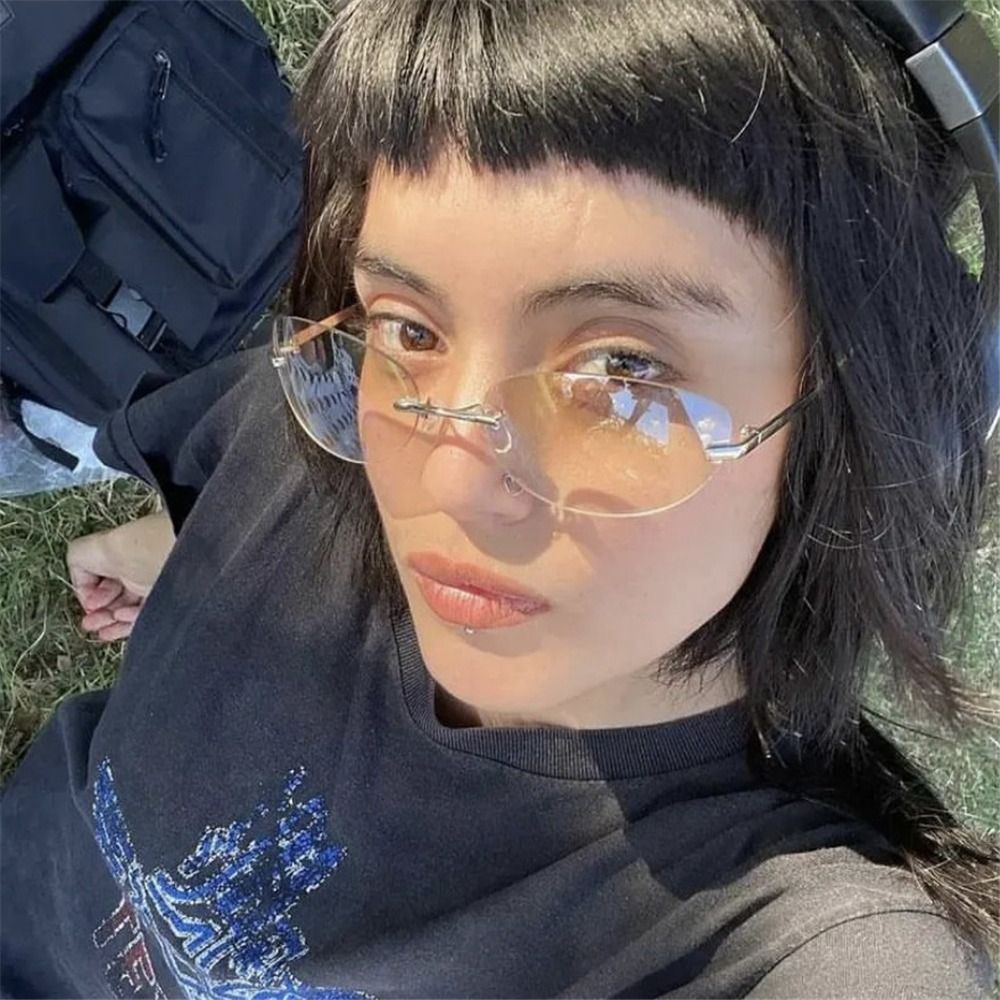 Gradient Wrap Around Sun Glasses Retro Oval Rimless Sunglasses Eyewear For Women Men 0