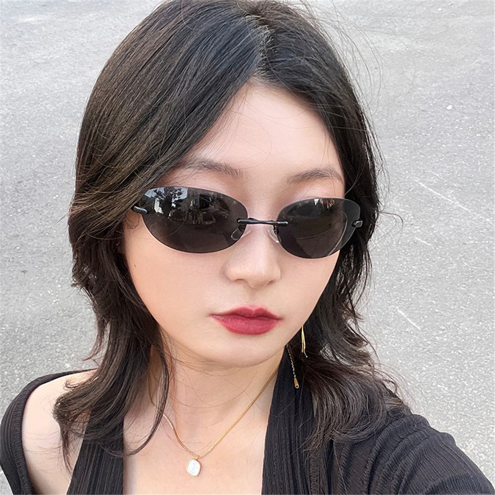 Gradient Wrap Around Sun Glasses Retro Oval Rimless Sunglasses Eyewear For Women Men 3