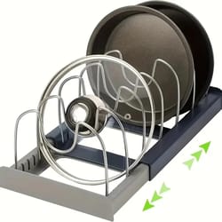 kitchen expandable storage rack organizer, stainless steel holder for pans, pots, lids, cutting boards, cookware