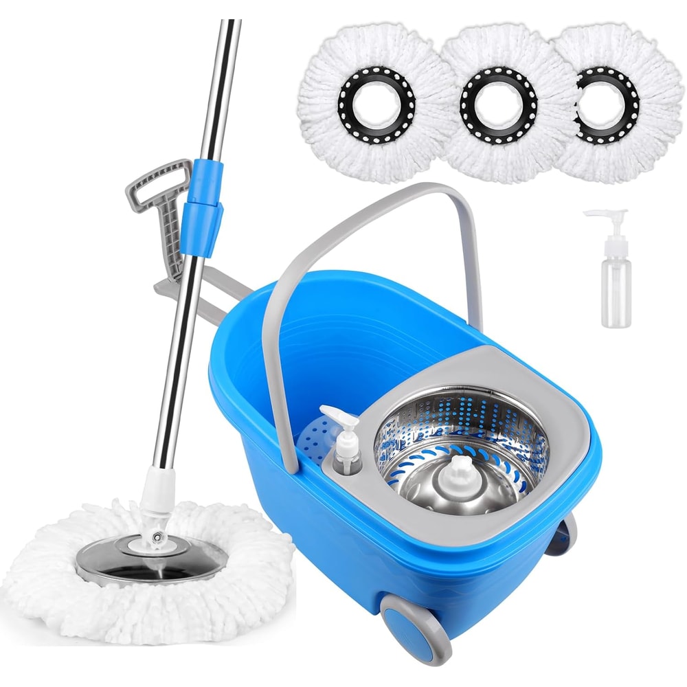 Spinning Blue Mop Bucket Set with Microfiber Replacement Heads, Extended Handle for Easy Household Cleaning