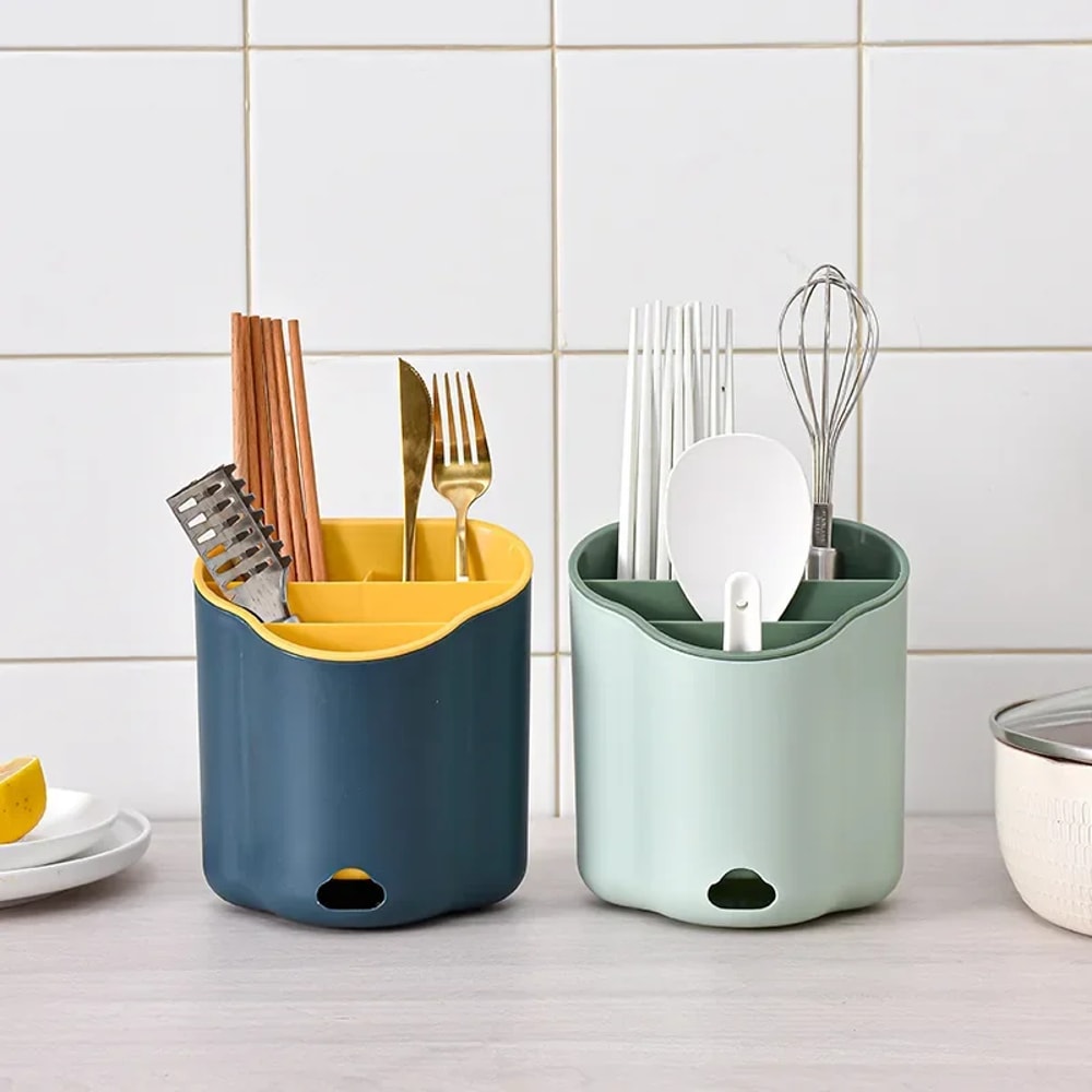 Double Layer Cutlery Holder Tableware Drain Rack Spoon Fork Chopstick Organizer