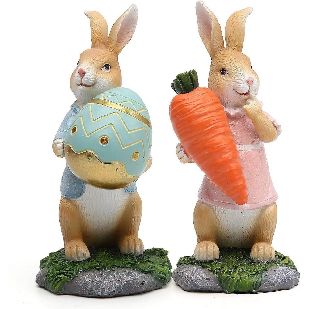Resin Rabbit Easter Decorations, Hand-Painted with Carrots & Egg