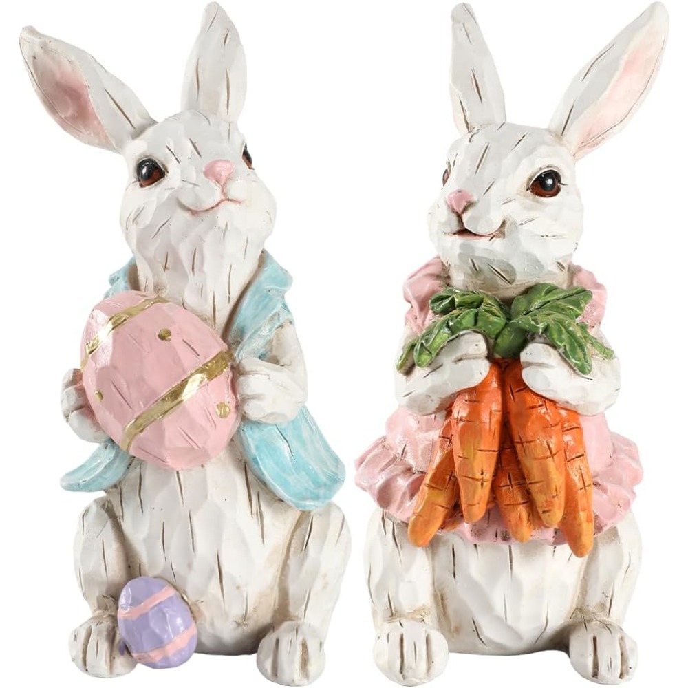 Resin Rabbit Easter Decorations, Hand-Painted with Carrots & Egg