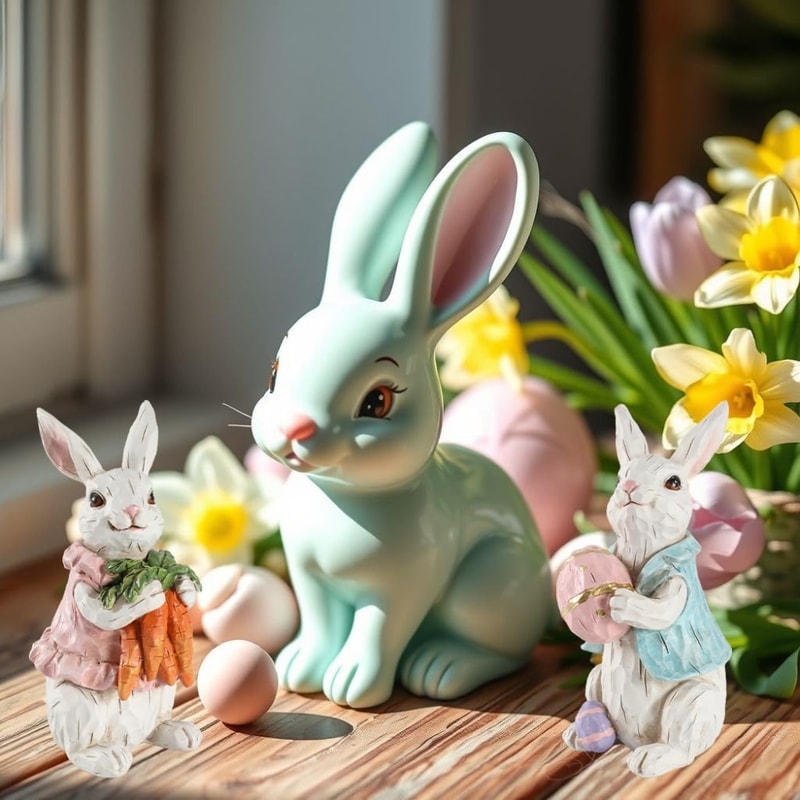 Resin Rabbit Easter Decorations, Hand-Painted with Carrots & Egg