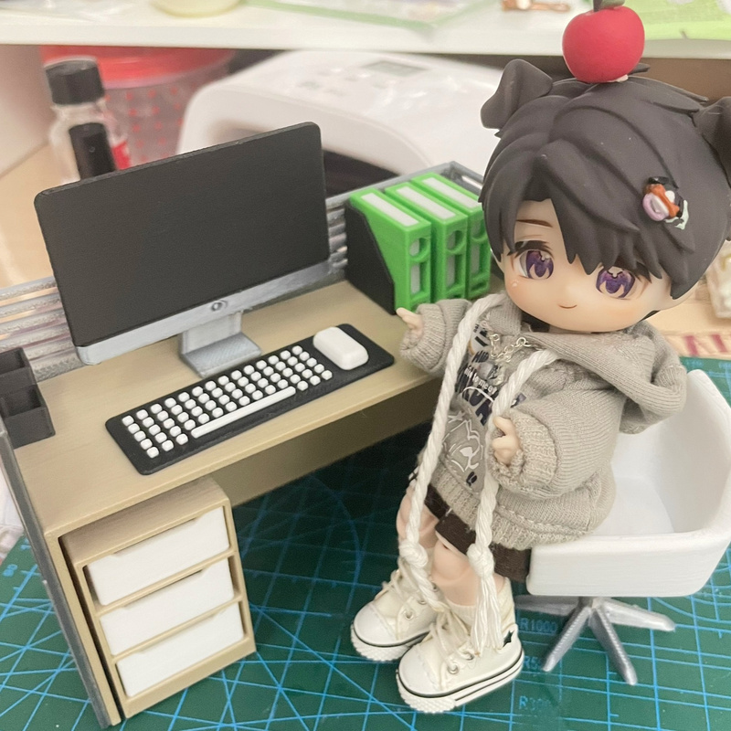 Filing Cabinet Computer Desk Chair Set Dollhouse Work Scene Model Miniature Office Home Decor 2