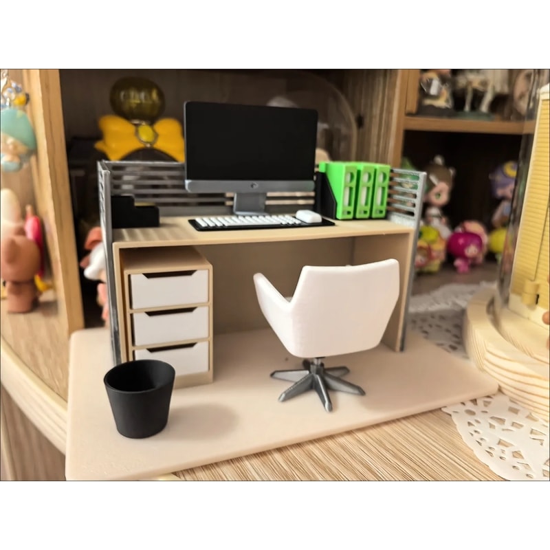 Filing Cabinet Computer Desk Chair Set Dollhouse Work Scene Model Miniature Office Home Decor 4