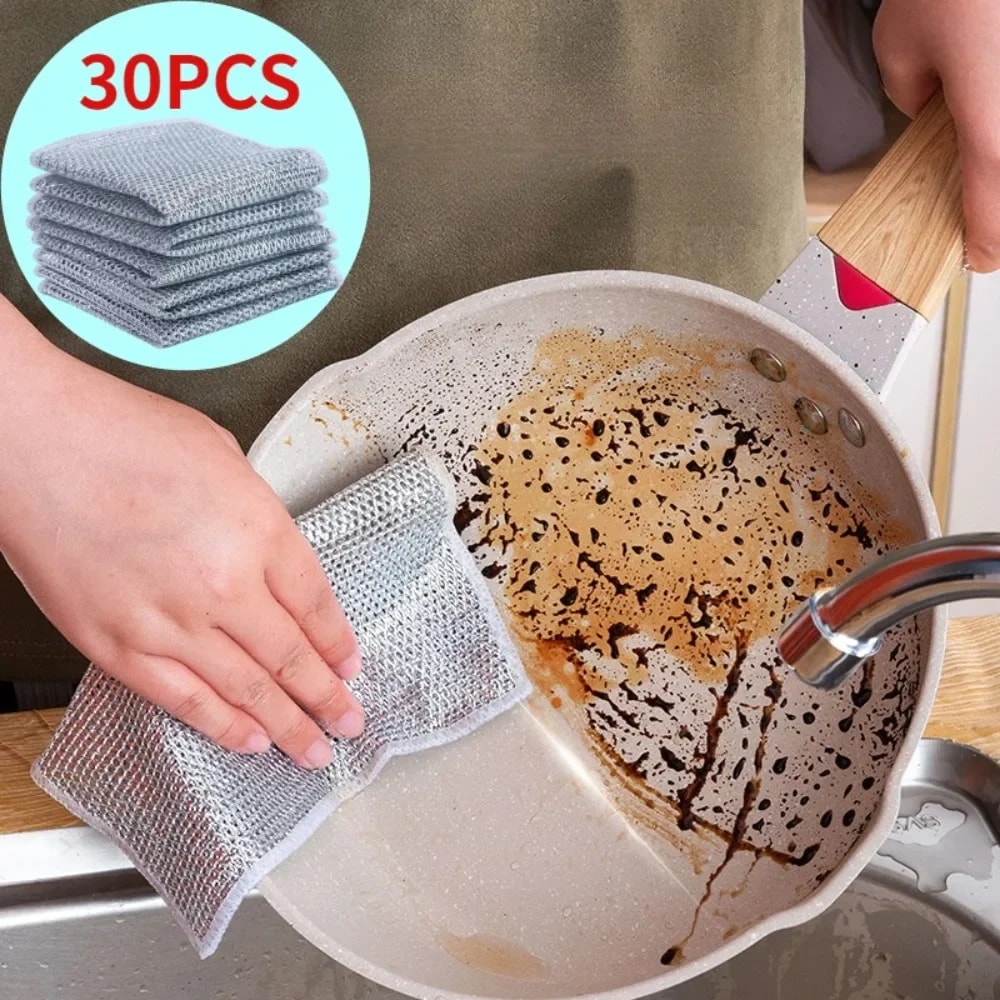Heavy Duty Silver Steel Wire Sided Dishcloth Scrub Pads for Household Cleaning Dishes
