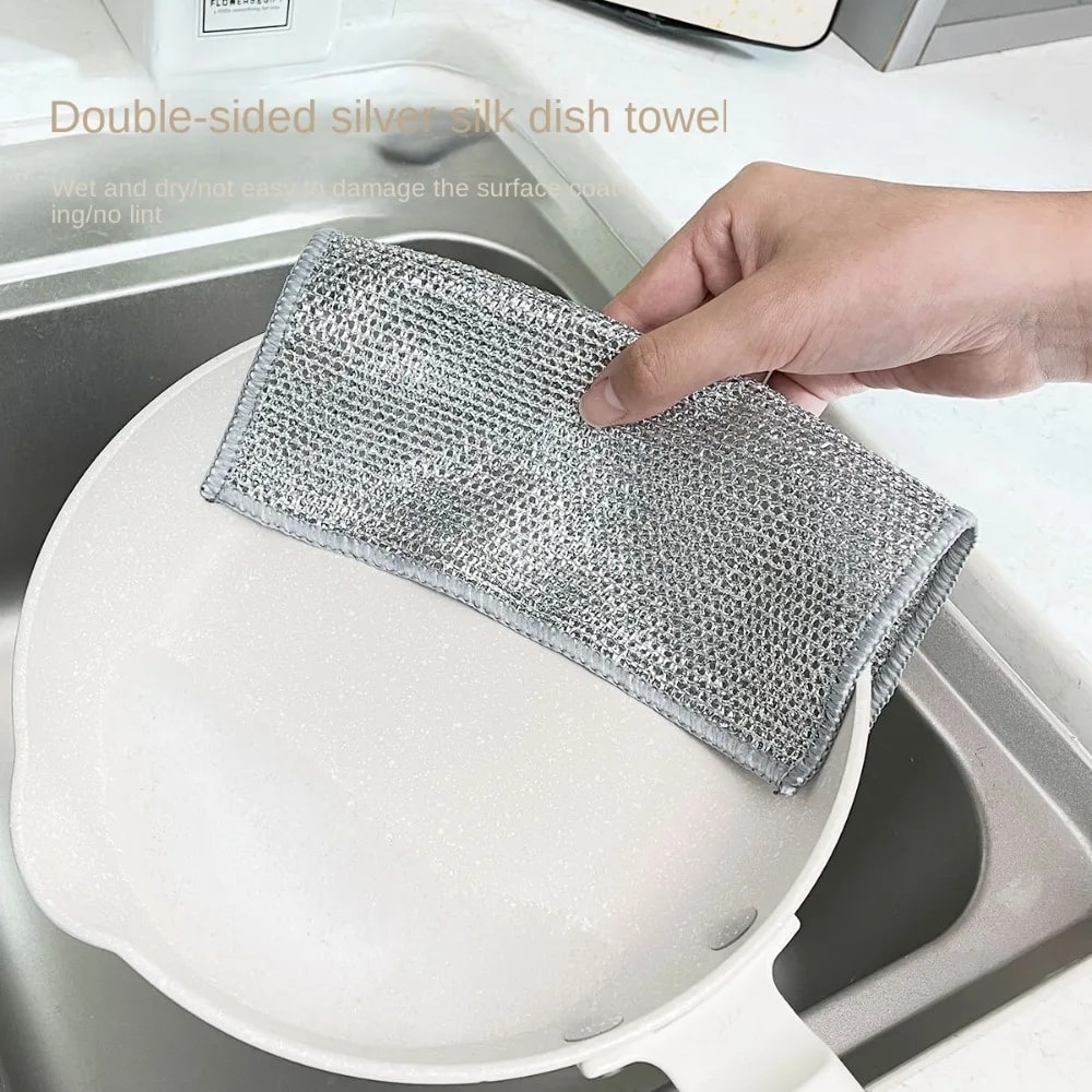 Heavy Duty Silver Steel Wire Sided Dishcloth Scrub Pads for Household Cleaning Dishes
