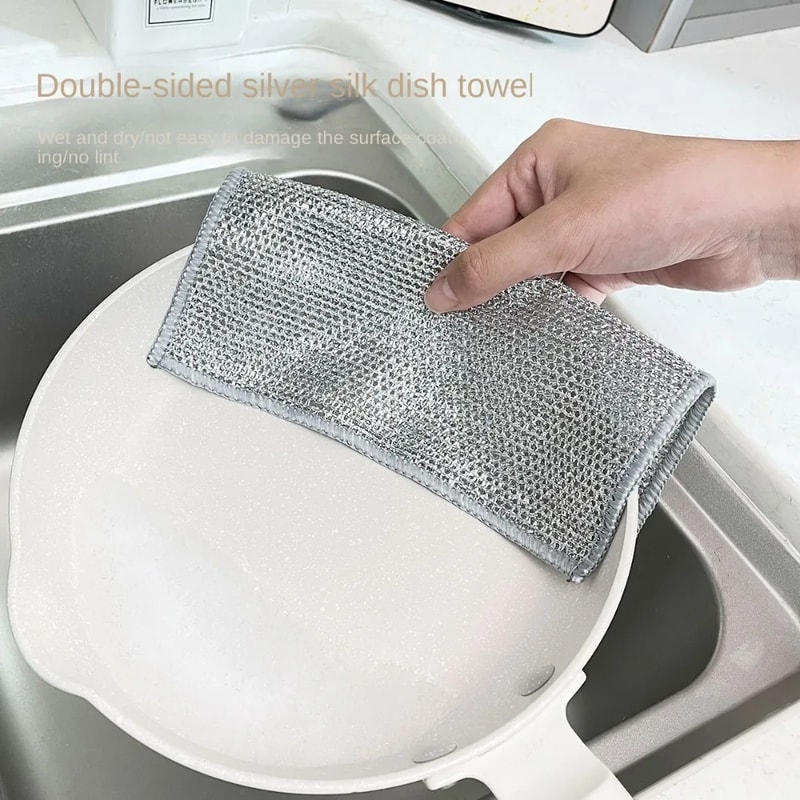 Heavy Duty Silver Steel Wire Sided Dishcloth Scrub Pads for Household Cleaning Dishes