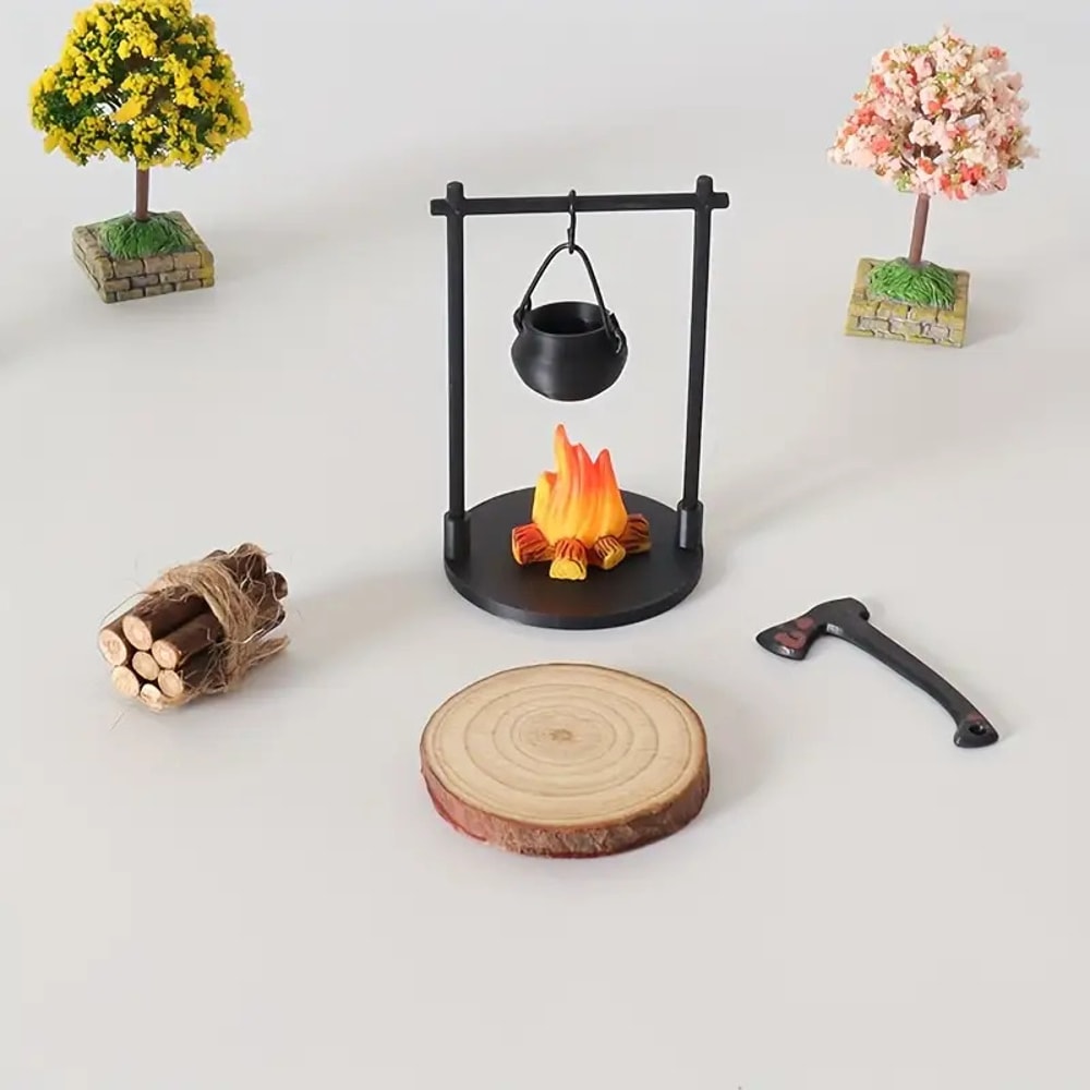 Mini Campfire and Teapot Statue Ornament for Home Decor, DIY Craft, Accessories, New Year Gifts, Desktop Photo Prop