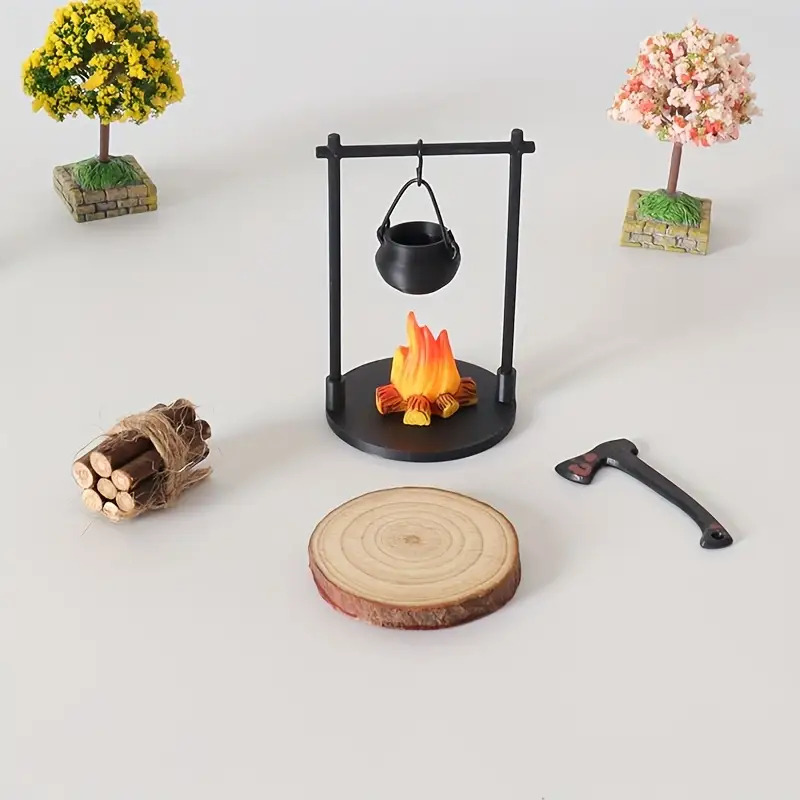 Mini Campfire and Teapot Statue Ornament for Home Decor, DIY Craft, Accessories, New Year Gifts, Desktop Photo Prop