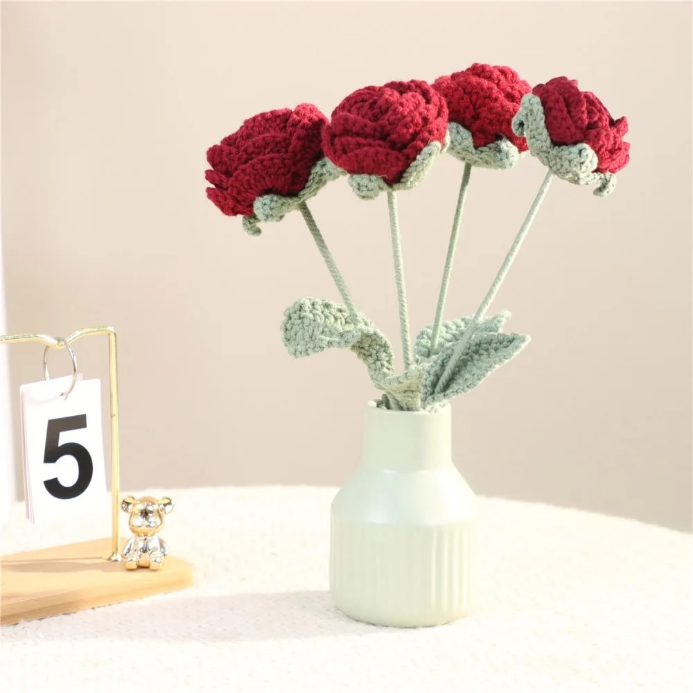 Faux Flower Arrangement, Handmade Knitted Rose Bouquet, Wedding Party Decorations